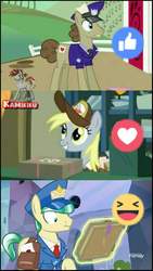 Size: 1024x1821 | Tagged: safe, edit, edited screencap, screencap, derpy hooves, parcel post, post haste, proper postal, crystal pony, earth pony, pegasus, pony, g4, the break up breakdown, the last roundup, the parent map, facebook reactions, mailmare, mailpony, male, stallion, watermark