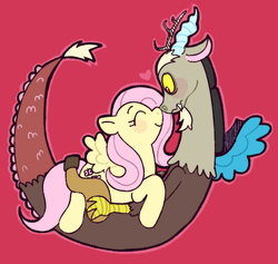 Size: 854x808 | Tagged: safe, artist:brae, artist:yolko, discord, fluttershy, draconequus, pegasus, pony, g4, blushing, boop, cute, discute, eyes closed, female, heart, male, mare, noseboop, red background, ship:discoshy, shipping, simple background, smiling, straight