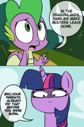 Size: 800x1214 | Tagged: safe, artist:emositecc, spike, twilight sparkle, dragon, pony, g4, molt down, brutal honesty, cloud, comic, dialogue, faic, female, mare, savage, sky, speech bubble, winged spike, wings