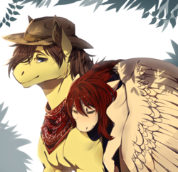 Size: 1194x1155 | Tagged: safe, artist:kasusei, oc, oc only, oc:candlelight, oc:wanderheart, earth pony, pegasus, pony, blushing, clothes, cowboy hat, freckles, hat, male, neckerchief, riding, scarf, sleeping, wings