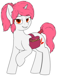 Size: 2725x3603 | Tagged: safe, artist:zippysqrl, oc, oc only, oc:crimson prose, pony, unicorn, book, commission, female, high res, looking at you, magic book, mare, ponytail, saddle bag, simple background, smiling, solo, tail wrap, transparent background