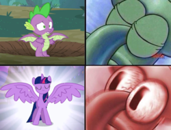 Size: 680x517 | Tagged: safe, edit, spike, twilight sparkle, alicorn, dragon, pony, g4, magical mystery cure, molt down, angry, bloodshot eyes, female, home sweet pineapple, i sleep, male, mare, meme, spongebob squarepants, spread wings, squidward closed eyes & open eyes, squidward tentacles, twilight sparkle (alicorn), winged spike, wings