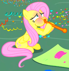 Size: 474x490 | Tagged: safe, screencap, fluttershy, pegasus, pony, g4, party pooped, season 5, balloon, blowing, blowing up balloons, blushing, cropped, female, mare, sitting, solo