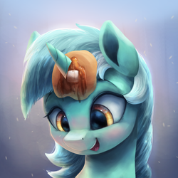 Size: 3000x3000 | Tagged: safe, artist:vanillaghosties, lyra heartstrings, pony, unicorn, g4, blushing, butter, cute, female, food, high res, horn, horn impalement, i'm pancake, lyrabetes, mare, open mouth, pancakes, smiling, solo