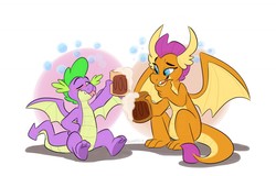 Size: 1280x818 | Tagged: safe, artist:thedoggygal, smolder, spike, dragon, g4, molt down, alcohol, beer, blushing, cider, commission, dragoness, drinking, drunk, drunker smolder, drunker spike, duo, female, forked tongue, male, mug, ship:spolder, shipping, straight, tankard, winged spike, wings