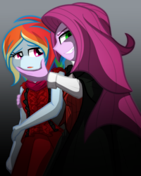 Size: 1600x2000 | Tagged: safe, artist:geraritydevillefort, pinkie pie, rainbow dash, equestria girls, g4, alternate hairstyle, clothes, crossover, dr jekyll and mr hyde, dr pinkie and miss pie, dress, evil smile, female, grin, long hair, lucy harris, miss pie, musical, pinkamena diane pie, smiling