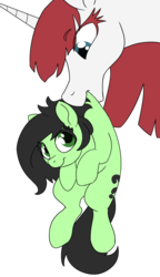 Size: 1839x3200 | Tagged: safe, artist:lockhe4rt, oc, oc only, oc:fausticorn, oc:filly anon, alicorn, earth pony, pony, alicorn oc, behaving like a cat, female, filly, mare, mouth hold, scruff, simple background, transparent background