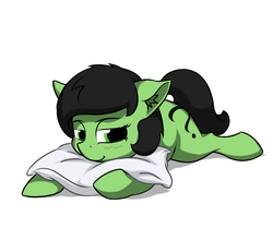 Size: 1100x920 | Tagged: safe, artist:crownhound, oc, oc only, oc:filly anon, pony, adoranon, blushing, cute, ear fluff, female, filly, lidded eyes, looking at you, lying down, pillow, prone, smiling, solo, sploot