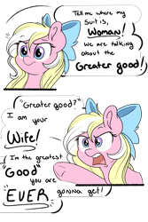 Size: 4000x6000 | Tagged: safe, artist:emberslament, oc, oc only, oc:bay breeze, pony, 2 panel comic, angry, bow, comic, crossover, dialogue, frozone, funny, hair bow, honey best, lucius best, meme, simple background, solo, the incredibles, where is my super suit?