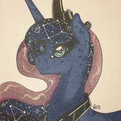 Size: 1280x1280 | Tagged: safe, artist:nightmare-moons-throneroom, princess luna, ambiguous race, pony, g4, coat markings, constellation, constellation hair, dappled, ethereal mane, female, jewelry, looking at you, mare, regalia, simple background, smiling, smiling at you, solo, starry mane, white background