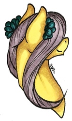 Size: 762x1280 | Tagged: safe, artist:nightmare-moons-throneroom, fluttershy, pony, g4, bust, female, flower, flower in hair, mare, rear view, simple background, smiling, solo, white background