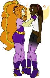 Size: 658x1030 | Tagged: safe, artist:shennanigma, adagio dazzle, oc, oc:april, equestria girls, g4, commission, duo, duo female, female, hand on face, human oc, hypnosis, simple background, singing, transformation, transparent background, twinning