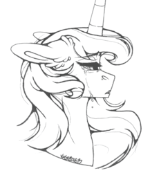 Size: 1113x1280 | Tagged: safe, artist:nightmare-moons-throneroom, princess celestia, pony, g4, black and white, bust, crying, ear fluff, female, floppy ears, grayscale, lineart, mare, monochrome, simple background, solo, white background