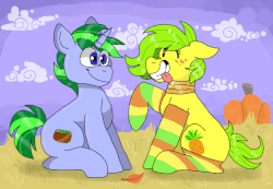Size: 1081x749 | Tagged: safe, artist:peanutcat62, oc, oc only, oc:timothy crate, earth pony, pony, unicorn, pony town, animated, blinking, blue eyes, boop, clothes, cloud, cutie mark, duo, food, gif, grass, leaf, mane, pineapple, pumpkin, sitting, sky, socks, striped socks, tail, tongue out