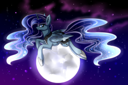 Size: 3000x2000 | Tagged: safe, artist:marbola, princess luna, alicorn, pony, g4, ethereal mane, female, galaxy mane, high res, mare, moon, prone, solo, stars, tangible heavenly object