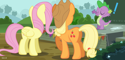 Size: 2250x1080 | Tagged: safe, artist:noah-x3, applejack, fluttershy, spike, pony, g4, exclamation point, show accurate