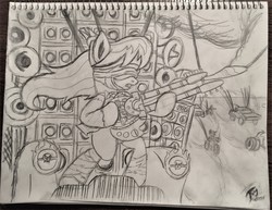 Size: 3040x2352 | Tagged: safe, artist:radiancebreaker, octavia melody, earth pony, pony, g4, blindfold, coma-doof warrior, crossover, doof wagon, female, guitar, high res, mad max, mad max fury road, monochrome, musical instrument, solo, traditional art