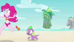 Size: 1920x1080 | Tagged: safe, edit, edited screencap, editor:slayerbvc, screencap, fluttershy, pinkie pie, spike, spike the regular dog, dog, equestria girls, equestria girls specials, g4, my little pony equestria girls: better together, my little pony equestria girls: forgotten friendship, accessory-less edit, beach, clothes, female, geode of sugar bombs, male, missing accessory, one-piece swimsuit, pinkie pie swimsuit, rock horse, running, swimsuit