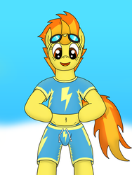 Size: 3024x4032 | Tagged: safe, artist:tacomytaco, spitfire, pegasus, pony, g4, belly button, bipedal, clothes, cloud, female, goggles, midriff, panties, shirt, shorts, solo, underwear