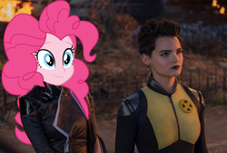 Size: 2545x1717 | Tagged: safe, artist:luckreza8, edit, pinkie pie, equestria girls, g4, deadpool 2, female, lesbian, negasonic teenage warhead, photoshop, pink warhead, x-men, yukio