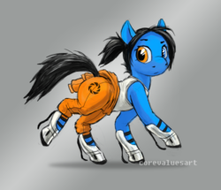 Size: 2304x1980 | Tagged: safe, artist:corevaluesart, earth pony, pony, aperture science, chell, heterochromia, long fall horseshoe, ponified, portal, portal (valve), solo