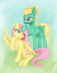 Size: 1024x1302 | Tagged: safe, artist:dusthiel, fluttershy, zephyr breeze, pegasus, pony, g4, brother and sister, commission, cute, cutie mark, duo, female, male, noogie, one eye closed, one wing out, wings