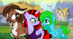 Size: 1024x552 | Tagged: safe, artist:superrosey16, doctor whooves, time turner, oc, oc:meadow sky, oc:mika, oc:shelly fox, alicorn, classical hippogriff, hippogriff, pegasus, pony, g4, base used, broken horn, female, horn, mare