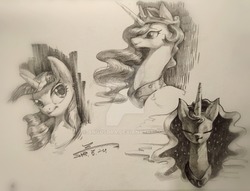 Size: 2798x2143 | Tagged: safe, artist:angusdra, princess celestia, princess luna, twilight sparkle, alicorn, pony, g4, eyes closed, female, grayscale, high res, jewelry, looking at you, mare, monochrome, pencil drawing, regalia, simple background, traditional art, trio, white background