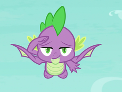 Size: 1238x937 | Tagged: safe, screencap, spike, dragon, g4, molt down, cropped, cute, cute little fangs, fangs, flying, male, salute, smiling, smug, winged spike, wings