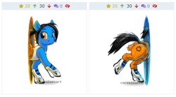 Size: 510x283 | Tagged: safe, artist:corevaluesart, earth pony, pony, derpibooru, aperture science, chell, heterochromia, juxtaposition, long fall horseshoe, meta, now you're thinking with portals, ponified, portal, portal (valve), solo