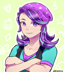 Size: 800x900 | Tagged: safe, artist:zoruanna, starlight glimmer, human, g4, abstract background, beanie, bust, clothes, crossed arms, equestria girls outfit, female, hat, humanized, portrait, shirt, smiling, solo, vest