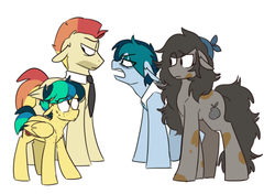 Size: 1016x714 | Tagged: safe, artist:redxbacon, oc, oc only, oc:apogee, oc:delta vee, oc:jet stream, oc:trash, earth pony, pegasus, pony, bandana, clothes, cutie mark, dirty, female, filly, floppy ears, male, mare, necktie, open mouth, simple background, stallion, sweat, tank top, white background