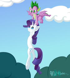 Size: 1700x1900 | Tagged: safe, artist:wildviolet-m, rarity, spike, dragon, pony, unicorn, g4, molt down, carrying, duo, female, flying, lifting, male, mare, scene interpretation, winged spike, wings