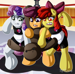 Size: 800x794 | Tagged: safe, artist:xjkenny, apple bloom, scootaloo, sweetie belle, earth pony, anthro, semi-anthro, unguligrade anthro, g4, arm hooves, clothes, cutie mark crusaders, dummy, open mouth, sports, wrestling, wwe