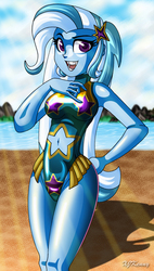 Size: 800x1407 | Tagged: safe, artist:xjkenny, trixie, equestria girls, g4, beach, belly button, clothes, crepuscular rays, female, legs, midriff, navel cutout, ocean, one-piece swimsuit, open mouth, sand, solo, swimsuit