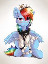 Size: 1280x1706 | Tagged: safe, artist:kaliner123, rainbow dash, pegasus, pony, g4, blushing, clothes, cute, dashabetes, female, looking at you, maid, mare, rainbow dash always dresses in style, rainbow maid, signature, simple background, sitting, solo, white background