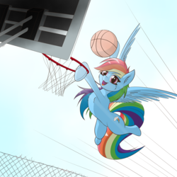 Size: 6000x6000 | Tagged: safe, artist:maneingreen, rainbow dash, pegasus, pony, g4, absurd resolution, basketball, basketball net, cute, dashabetes, female, flying, mare, open mouth, slam dunk, smiling, solo, sports, wings