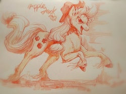 Size: 4117x3070 | Tagged: safe, artist:angusdra, applejack, earth pony, pony, g4, applejack's hat, cowboy hat, cutie mark, female, hat, mare, monochrome, open mouth, running, simple background, solo, traditional art, unshorn fetlocks