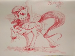 Size: 4160x3120 | Tagged: safe, artist:angusdra, fluttershy, pegasus, pony, g4, cutie mark, female, fluffy, long tail, looking back, mare, monochrome, one wing out, raised hoof, simple background, solo, traditional art, unshorn fetlocks
