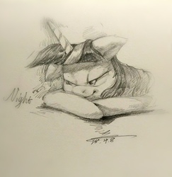 Size: 2104x2166 | Tagged: safe, artist:angusdra, twilight sparkle, pony, g4, female, floppy ears, grayscale, high res, mare, monochrome, nap, prone, simple background, sleeping, smiling, solo, traditional art