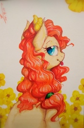 Size: 2704x4089 | Tagged: safe, artist:angusdra, pear butter, earth pony, pony, g4, abstract background, female, flower, flower in hair, lidded eyes, looking at you, looking back, mare, rear view, solo, tongue out, traditional art