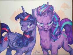 Size: 4099x3120 | Tagged: safe, artist:angusdra, starlight glimmer, twilight sparkle, alicorn, pony, unicorn, g4, abstract background, bedroom eyes, blushing, cutie mark, duo, female, looking at you, mare, smiling, traditional art, twilight sparkle (alicorn)