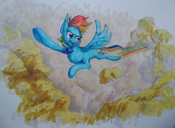 Size: 4018x2946 | Tagged: safe, artist:angusdra, rainbow dash, pegasus, pony, g4, cloud, cutie mark, female, flying, looking back, mare, open mouth, rainbow trail, solo, traditional art