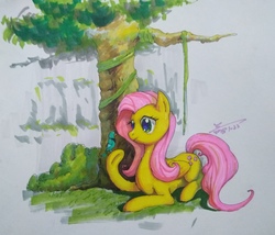 Size: 3595x3076 | Tagged: safe, artist:angusdra, fluttershy, bird, pegasus, pony, g4, abstract background, cutie mark, female, high res, lying down, mare, solo, traditional art, tree, vine