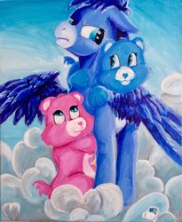 Size: 1024x1248 | Tagged: safe, artist:colorsceempainting, oc, canvas, care bears, cloud, grumpy bear, hug, paint, painting, traditional art