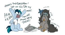 Size: 1165x629 | Tagged: safe, artist:redxbacon, oc, oc only, oc:delta vee, oc:trash, earth pony, pegasus, pony, angry, bandana, clothes, crying, female, mare, simple background, tank top, white background, yelling