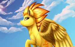 Size: 1024x651 | Tagged: safe, artist:equestrian-downfall, spitfire, pegasus, pony, g4, female, mare, sky, solo, whistle