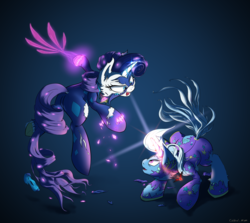 Size: 2800x2500 | Tagged: safe, artist:coldtrail, radiance, rarity, trixie, pony, unicorn, g4, clothes, female, fight, glowing horn, gradient background, high res, horn, looking at each other, magic, mare, power ponies, smiling, torn clothes