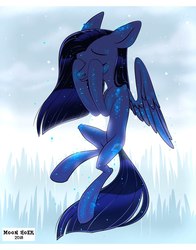 Size: 846x1080 | Tagged: safe, artist:moonhoek, oc, oc only, oc:madara, pegasus, pony, rcf community, digital art, eyes closed, female, flying, full body, full moon, long hair, long tail, mare, moon, night, smiling, solo, spread wings, white night, wings