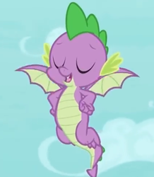 Size: 424x487 | Tagged: safe, screencap, spike, dragon, g4, molt down, claws, cropped, eyes closed, male, smiling, smug, solo, winged spike, wings